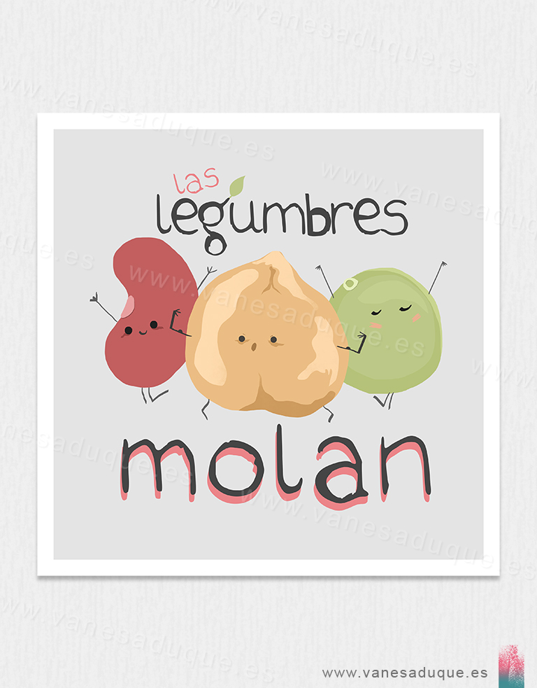 Lámina Las Legumbres Molan con alubia, garbanzo y lenteja en estilo infantil.