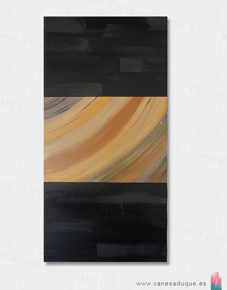 Cuadro abstracto geométrico del planeta Saturno con pintura del cosmos tipo forja con brillo y toques plata, cobre y oro.