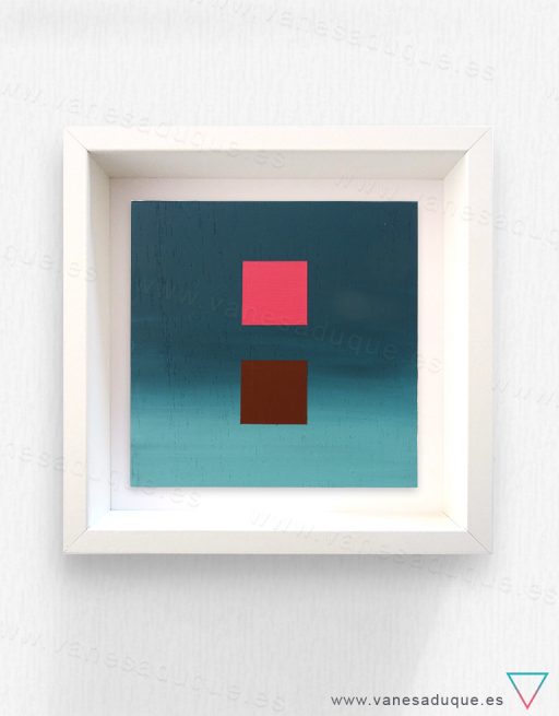 Vista frontal enmarcado de Paletas de color, Hacer pie, cuadro abstracto acrílico sobre tabla. En tonos rosa, azules y marrón tierra de siena.