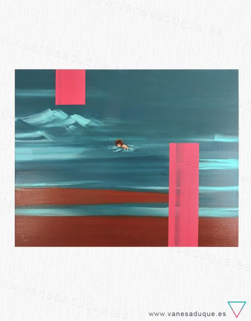 Vista frontal del cuadro colgado en la pared. Hacer pie, cuadro abstracto marítimo, acrílico sobre lienzo en formato horizontal.