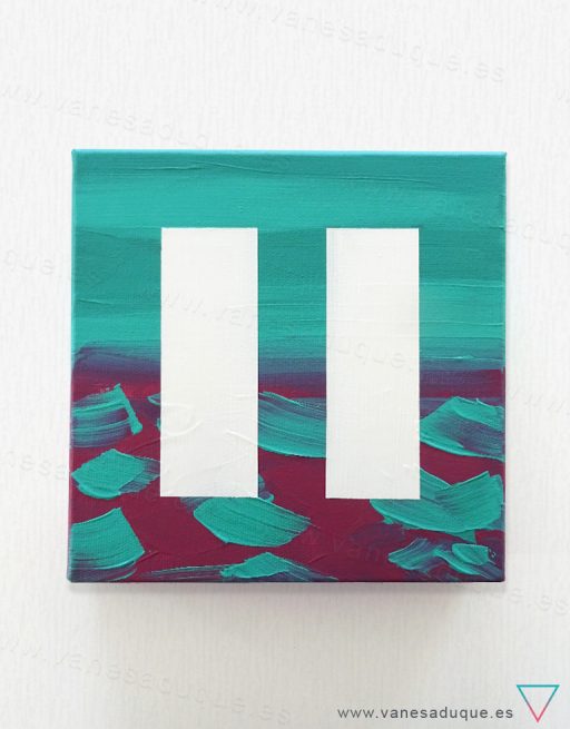 Vista frontal de PAUSA cuadro abstracto acrílico marítimo sobre lienzo cuadrado, 20x20cm, fondo marítimo en tonos azul cerceta y magenta con geometría central