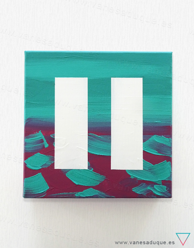 Vista frontal de PAUSA cuadro abstracto acrílico marítimo sobre lienzo cuadrado, 20x20cm, fondo marítimo en tonos azul cerceta y magenta con geometría central