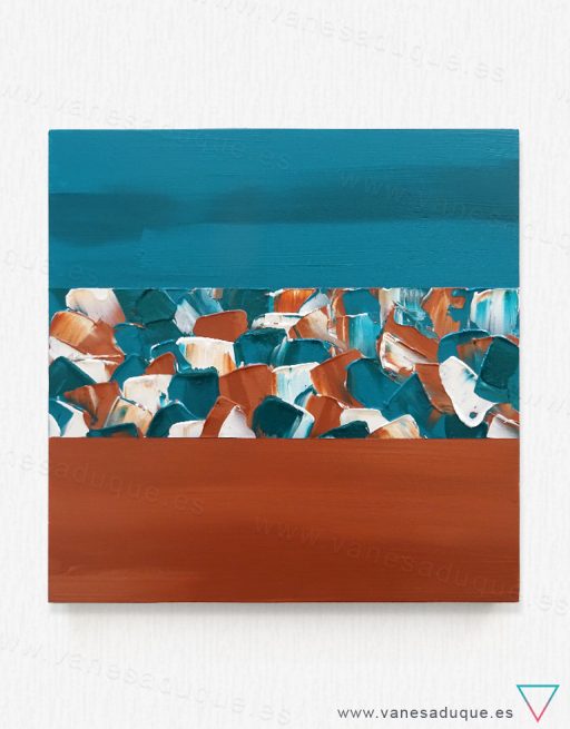 Foto frontal completa sobre pared blanca del cuadro Las Olas II, 40x40cm.