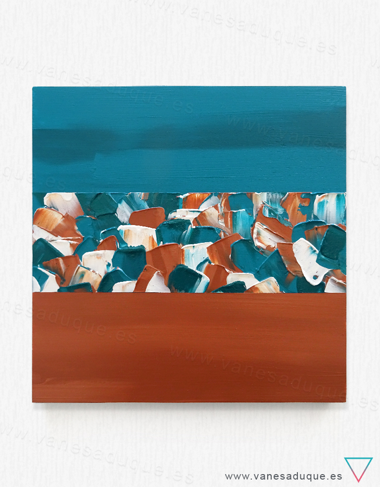 Foto frontal completa sobre pared blanca del cuadro Las Olas II, 40x40cm.